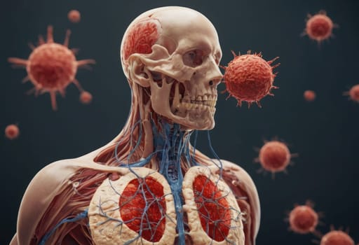 AI generated illustration of the human anatomical body, featuring detailed fragments of anatomy and microbiology, showcasing the intricate relationship between the two fields