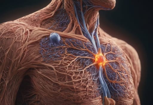 AI generated illustration of the human anatomical body, featuring detailed fragments of anatomy and microbiology, showcasing the intricate relationship between the two fields