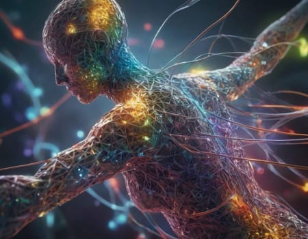 AI generated illustration of the human anatomical body, featuring detailed fragments of anatomy and microbiology, showcasing the intricate relationship between the two fields