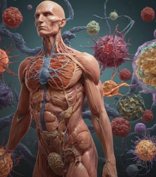 AI generated illustration of the human anatomical body, featuring detailed fragments of anatomy and microbiology, showcasing the intricate relationship between the two fields