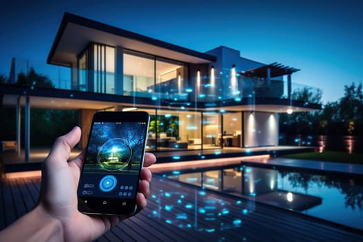 Smartphone with smart home application in hand. Smart home concept. Remote control and home control.