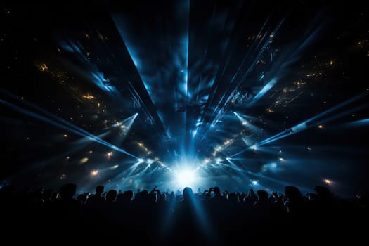 Rock concert, silhouettes of people in the bright rays of spotlights. Generated by artificial intelligence