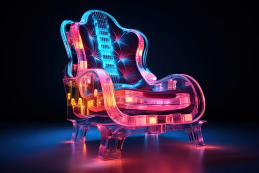 Musical chair in neon light. Music concept. Generated by artificial intelligence