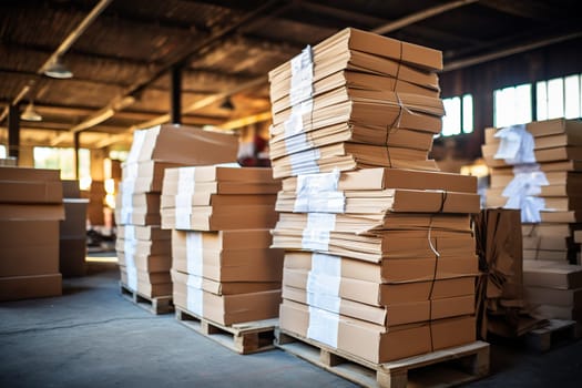 Large warehouse with piles of cardboard boxes and papers. Waste paper collection, garbage recycling concept. Generated by artificial intelligence