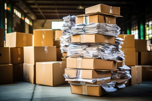 Large warehouse with piles of cardboard boxes and papers. Waste paper collection, garbage recycling concept. Generated by artificial intelligence