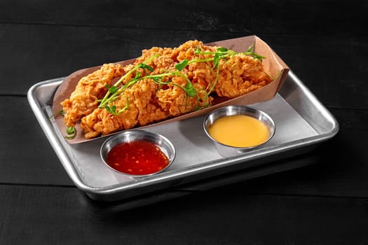 Crispy fried chicken fillet strips in batter served in metal tray with sweet chili and cheddar cheese sauces garnished with pea shoots. Popular snack