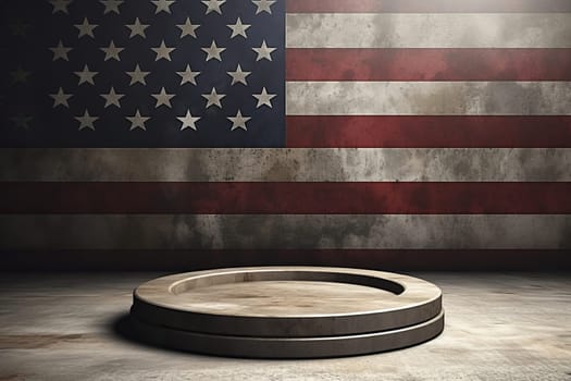 A round concrete podium against a wall with a US flag.