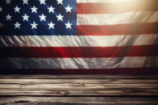 Wooden tabletop with a blurred USA flag background.