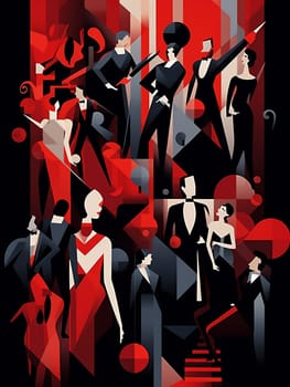 Person couple art party dance club event dancer cocktail fashion style night red group women design black female men illustration graphic new