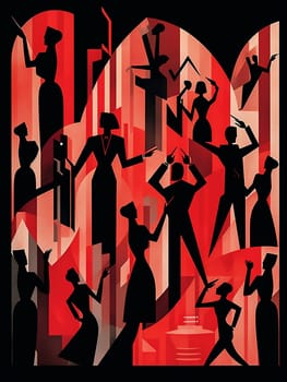 Young outline club crowd black fun dancing person silhouettes men red party happy group celebration disco illustration background women music beauty dancer