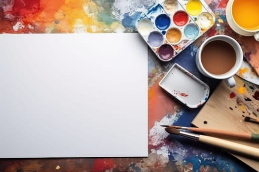 Blank sheet for drawing with paints and brushes on a colorful background. Art.