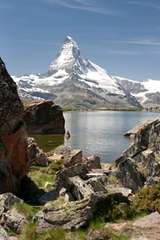 Matterhorn mountain reflecting in Stellisee, Alps, Switzerland
