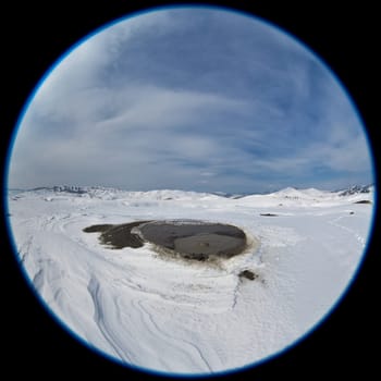fisheye lens image of Mud Volcanoes in winter. Location: Buzau Romania