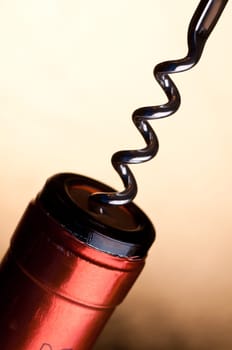A spindle from a corkscrew in a cork of a wine bottle
