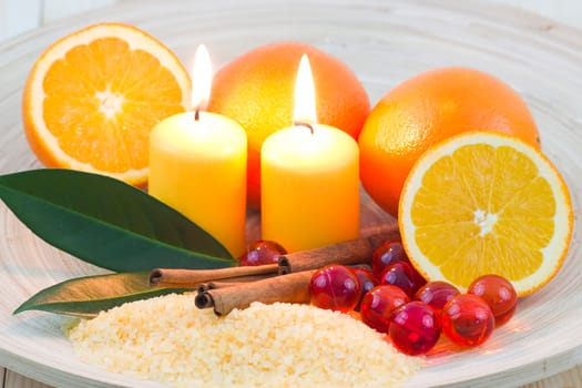 orange bath salt with fresh fruits - beauty treatment
