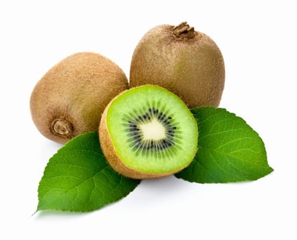 Kiwi fruit with leaves on white background