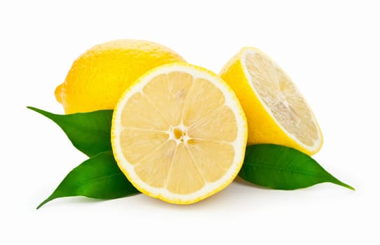 Fresh juicy lemons with green leaves on white background