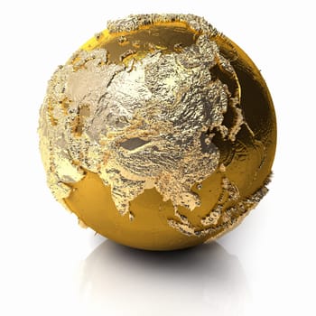 Gold globe with realistic topography and light reflections, metal earth - asia, 3d render