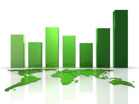Green business graph with continents, 3d render