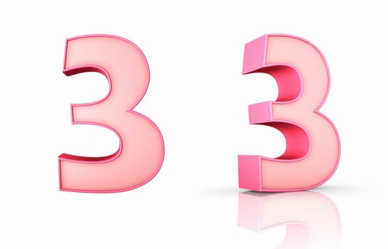 3d pink number three, isolated on white background, 3