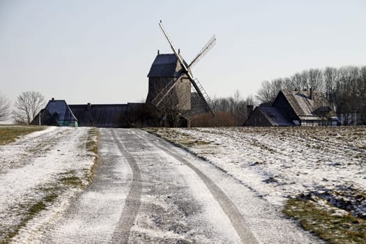 Post windmill in winter