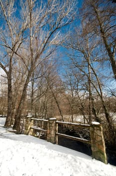 Snow covered pedestrian bridge at Norther Spain