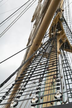 Old sailing ship masts and sails and rigging