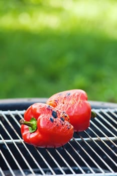 Red sweet pepper is fried on a grill
