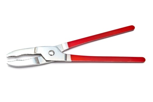 Red pliers closeup on white background