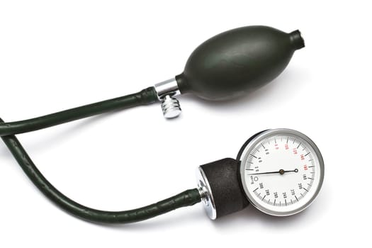 Old sphygmomanometer closeup on white background