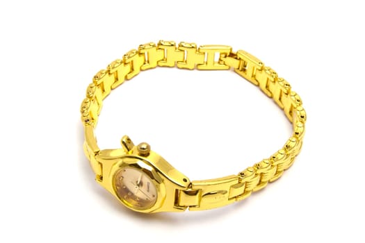 Woman golden wrist watch isolated on white background