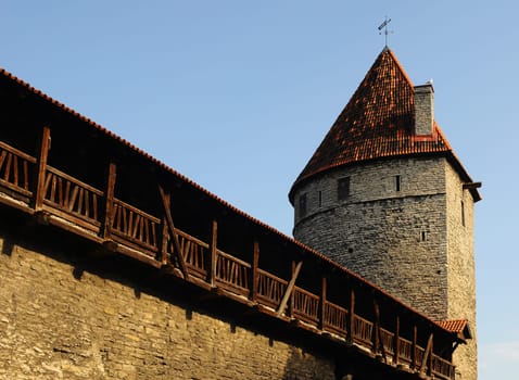 City wall with tower in Tallinn,Estonia
