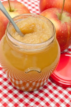 Apple Jam in Jar and Apples on Red Gingham Tablecloth