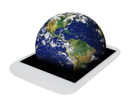 Mobile Phone With Planet Earth on Display - Isolated on White. Source image of Earth courtesy of NASA - terms of use: http://visibleearth.nasa.gov/useterms.php