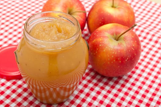 Apple Jam in Jar and Apples on Red Gingham Tablecloth