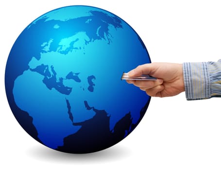E-Commerce: Mans Hand With Credit Card and Globe with Map of World