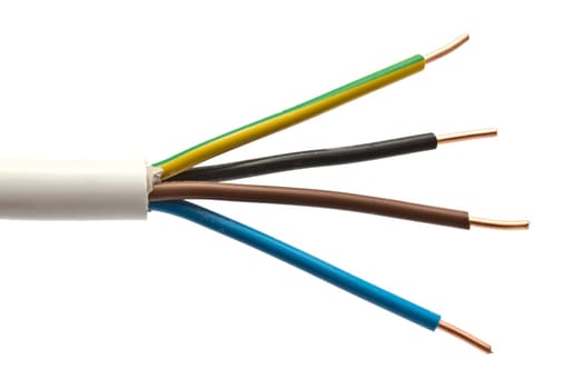 Colorful electric cables closeup on white background
