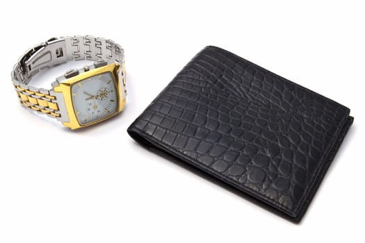 Fashion watch and wallet closeup on white background