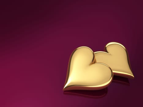 Two gold hearts on a violet background, 3d render