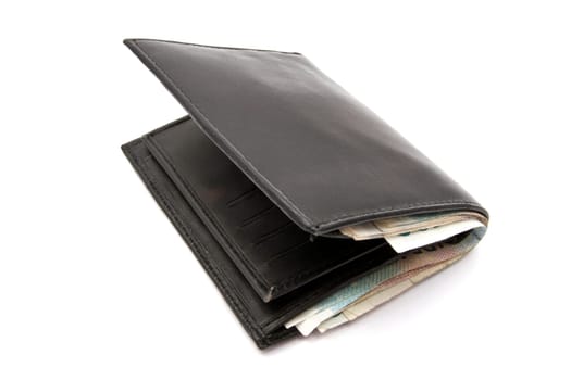 Wallet and currency closeup on white background