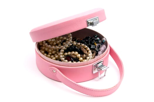 Beautiful jewelry box closeup on white background