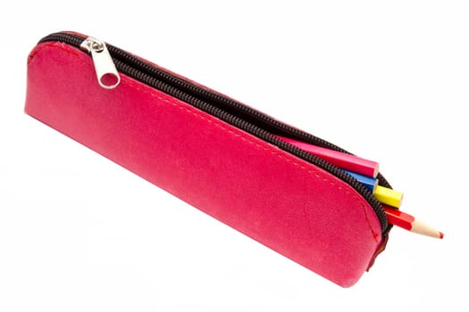 Red pencil case and penciles isolated on white background