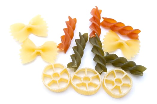Colorful pasta closeup on white background