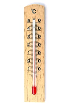 Wooden thermometer closeup on white background