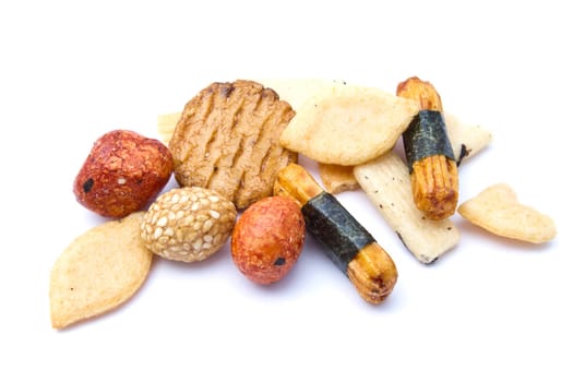 Delicious rice crackers closseup on white background