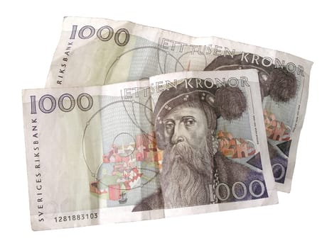 Swedish 1000 kronor closeup on white background.