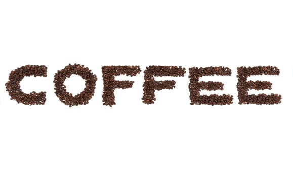The word coffe written with coffee beans