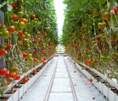 Rows of Tomatoes in a Greenhouse
