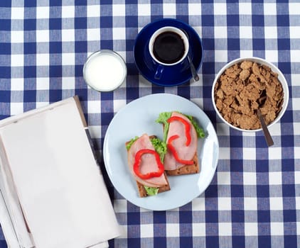 Breakfast on a checked cloth from high angle view