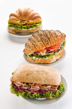 Three fresh sandwiches on plates close up shoot